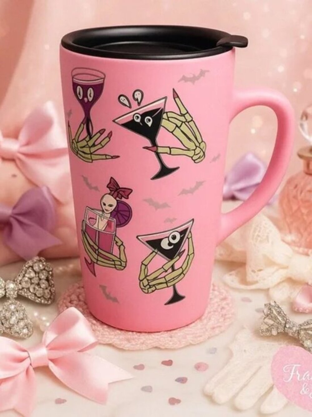 Pink Halloween Travel Mug Skeleton Martini Matte Cup w Lid Handle NWT